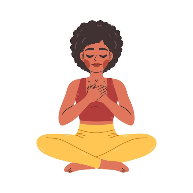 Young black woman in yoga lotus pose hands on chest. meditating girl illustration. yoga woman