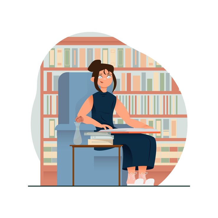 Вектор молодая слепая женщина сидит на диване со специальной книгой брайля и читает дома