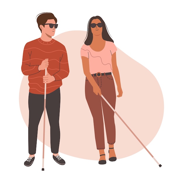 Young Blind people in dark glasses standing with a Cane