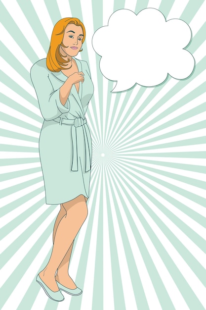 Young blonde woman in bathrobe with speech bubble vintage vector illustration