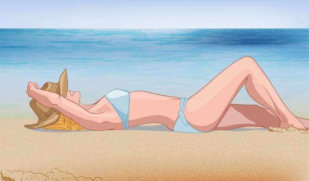 Young blonde woman in blue swimsuit and hat laying on the beach