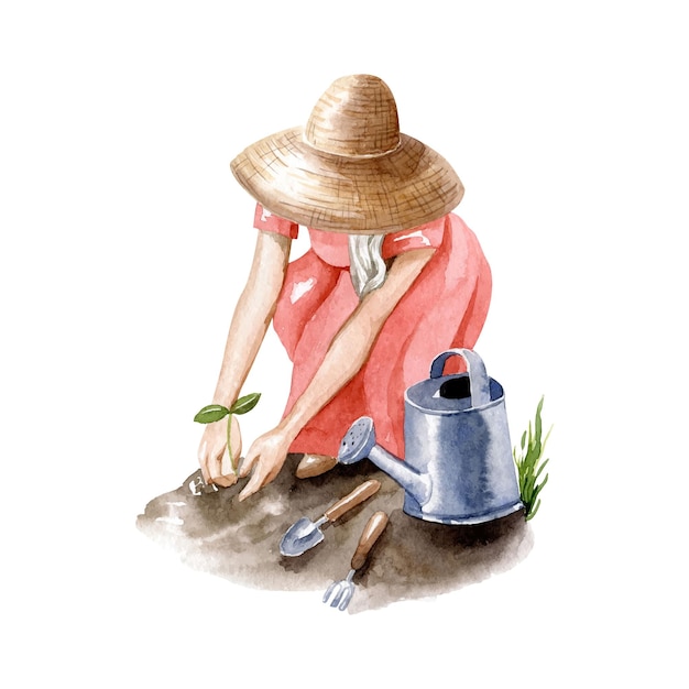 밀짚 모자를 쓴 젊은 금발의 여성이 식물을 심습니다. 물을 수있는 정원 소녀는 삽과 포크를 삽니다.