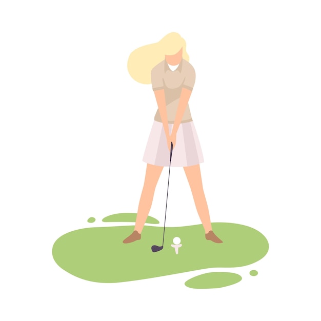 Young Blonde Woman Playing Golf Girl Golfer Training with Golf Club on Course with Green Grass Outdoor Sport or Hobby Vector Illustration on White Background