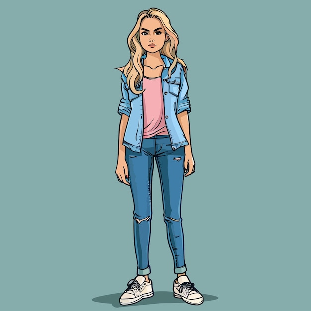 Young blonde woman with serious facial expression in blue shirt jeans sneakers pink tshirt