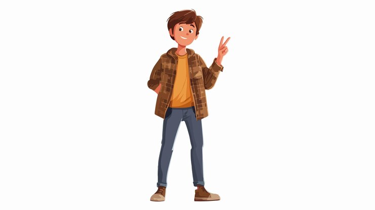 Vector young boy in casual wear raising hand with wide angle view