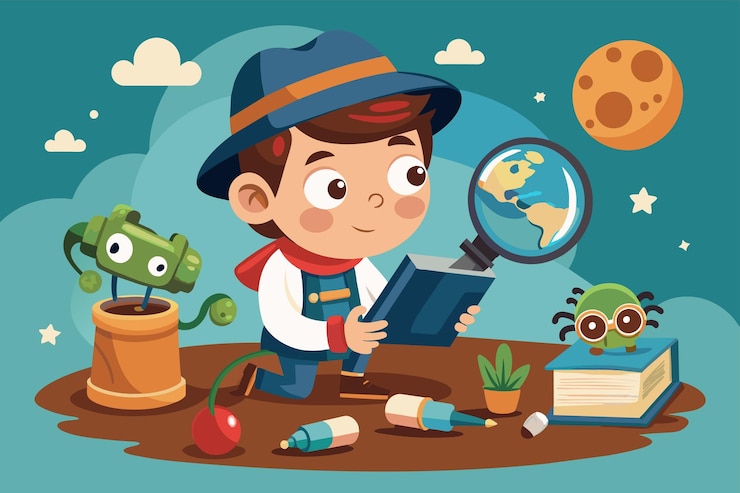 Vector a young boy closely inspects a book with a magnifying glass in hand illustrate the concept of customer segmentation in digital advertising