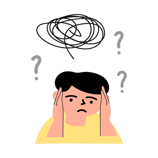 Young boy confused and suffer from stress. Vector illustration on white background.