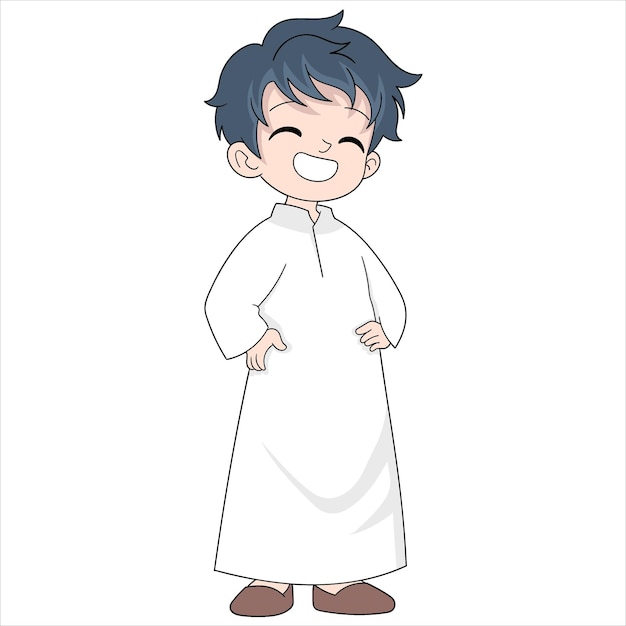 벡터 라마단 달을 환영하는 종교적으로 옷을 입은 어린 소년 카림