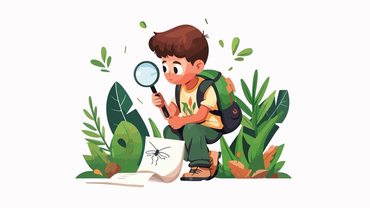 Vector young boy exploring nature with magnifying glass discovering insect on plant