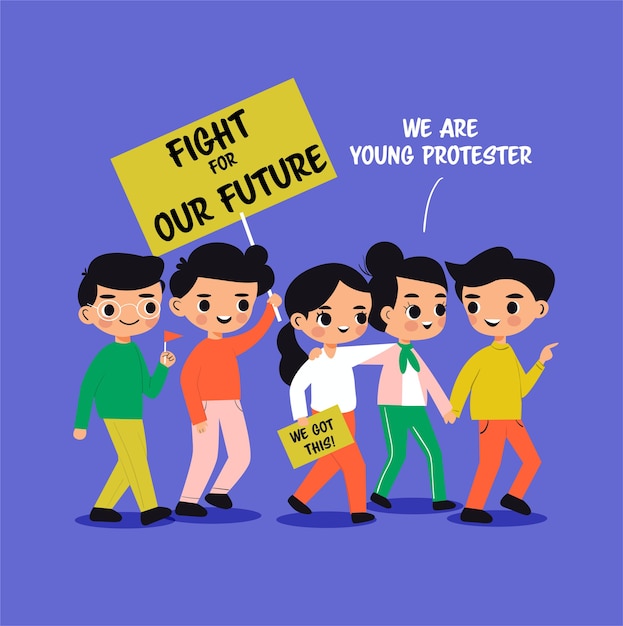 Young boy and girl cartoon protesting for their future