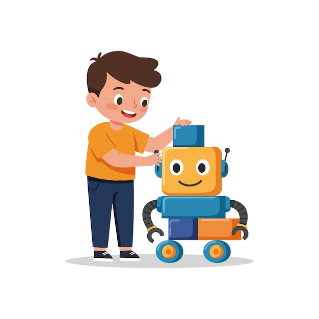 Young boy happily assembling colorful robot toy in flat vector illustration style showcasing creativity and playfulness vector art