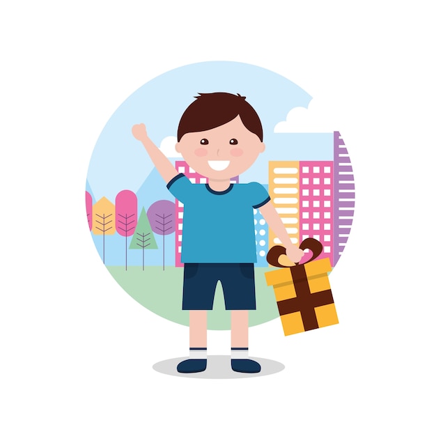 Молодой мальчик счастливым Холдинг подарочной коробке в руках с городом фоне векторных иллюстраций