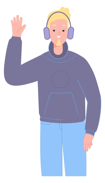 Vector young boy in headphones greeting friends student waving hand