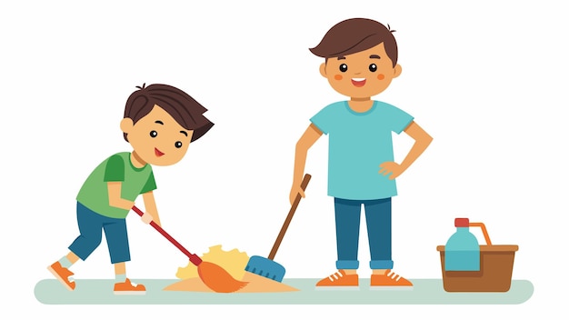 Vector a young boy holding a dustpan while his older sibling sweeps the floor working together to clean up