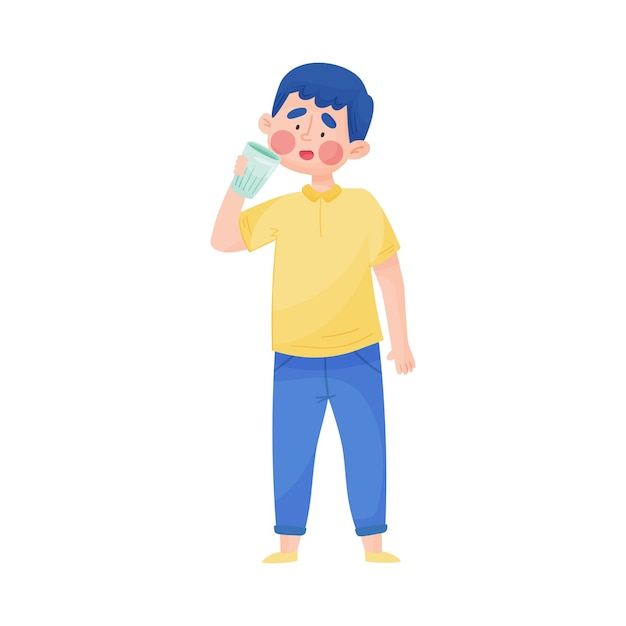Young boy holding glass of cool water and drinking vector illustration