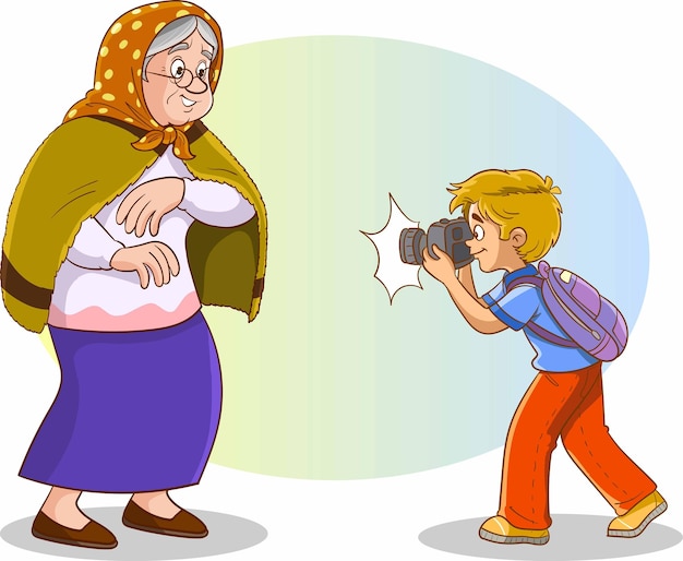 Young boy holding photo camera and taking pictures.boy taking photo of old woman.