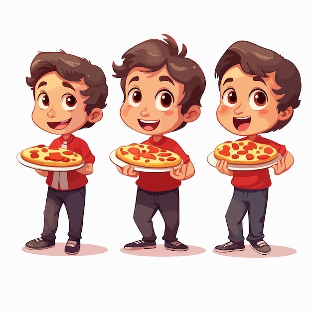 Young boy holding pizza cartoon illustration kid