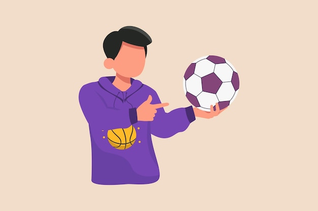 Young boy holding with hand and finger pointing the ball Pointing concept Flat vector illustrations isolated