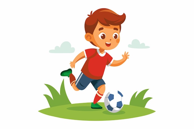 A young boy is playing soccer in a field