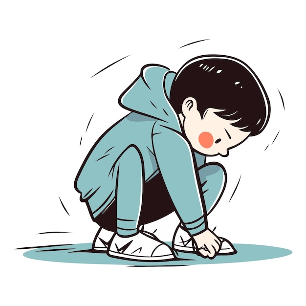 Young boy is sitting on the ground and crying