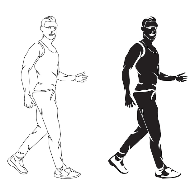 Young boy jogging line art drawing style, the boy sketch black linear isolated on white background.