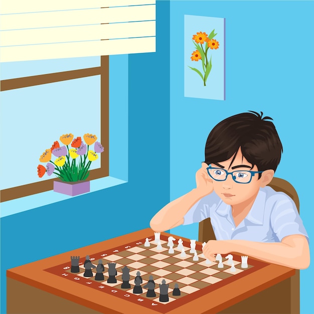 young boy learning chess