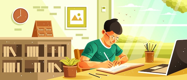 young boy learning at home illustration
