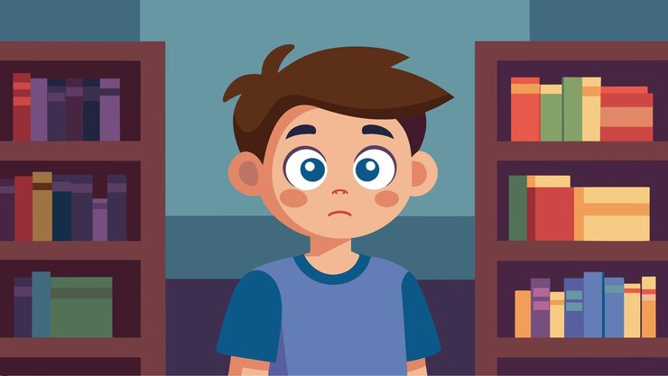 Vector a young boy looks wideeyed at a shelf filled with classic fairytales his imagination running wild