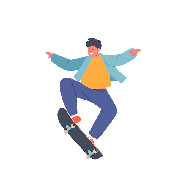 Young Boy in Modern Clothing Jumping on Skateboard Skateboarder Kid Male Character Outdoors Activity in Skatepark