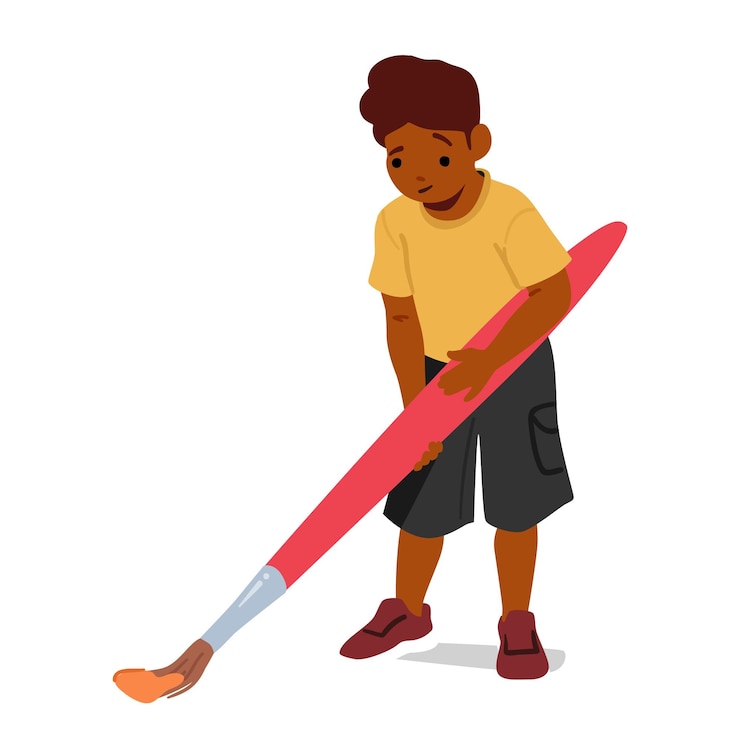 Vector young boy passionately wields a colossal paintbrush his creativity unbound as vibrant strokes of imagination flow onto the canvas bringing his dreams to life cartoon people vector illustration
