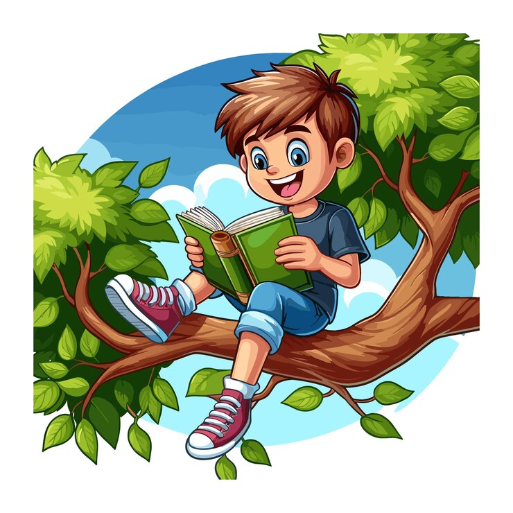 वेक्टर young boy perched on a tree branch engrossed in an exciting adventure book
