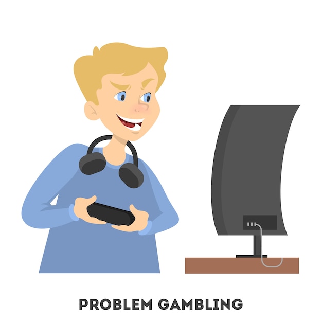 Vector young boy playing computer video game with controller. gaming addiction.   illustration in cartoon style