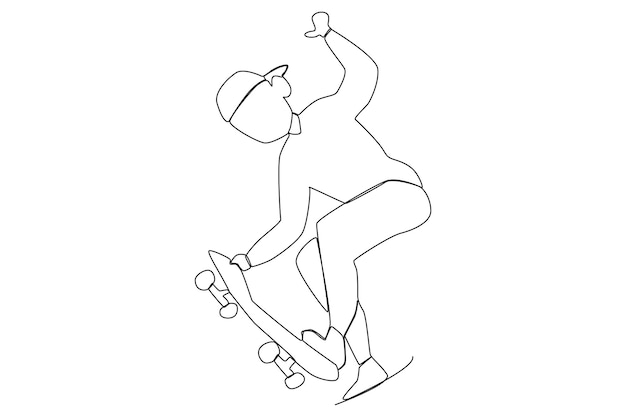 A young boy practising skateboard tricks in the skatepark one line art
