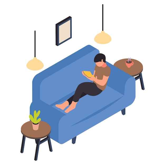 Young boy reading book while sitting on couch isometric Concept Barefoot Man Lying Down On Sofa Week