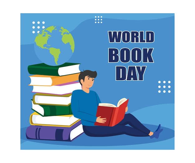 young boy reading books book lovers fans of literature concept of book week or world book day flat vector modern illustration