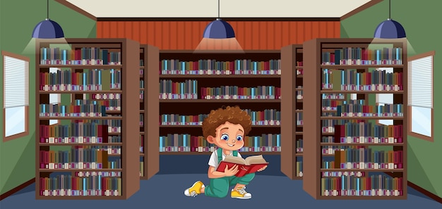 Vector young boy reading in library
