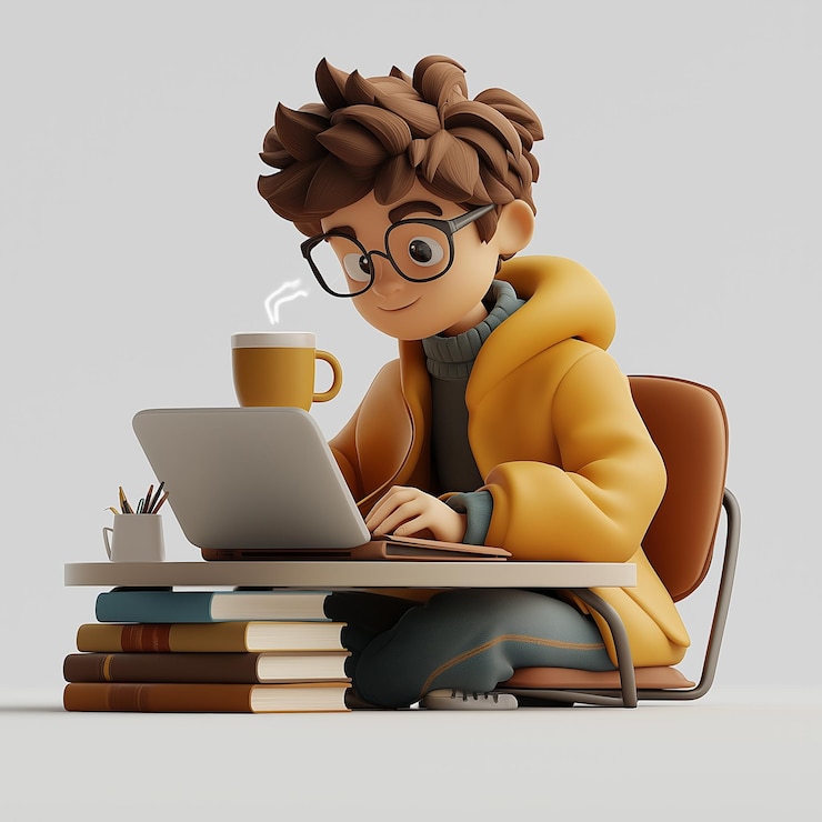 Вектор мальчик читает и работает на ноутбуке иллюстрация мультфильма