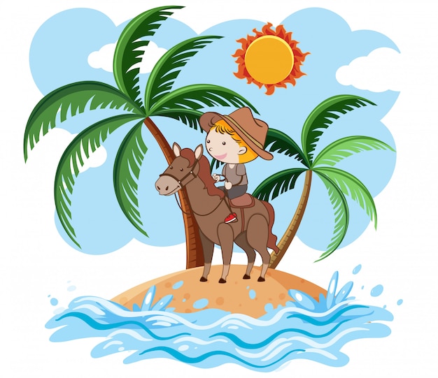 A young boy riding horse on island