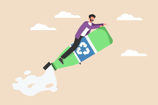 Vector young boy rijdt en vliegt op gerecyclede groene flessen eco-verpakkingsconcept gekleurde platte vectorillustratie