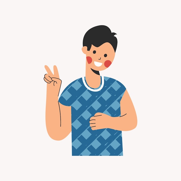 Young boy showing victory sign ok positive approval gesture Cute toddler avatar Little child saying peace Portrait of smiling kid Flat vector cartoon illustration