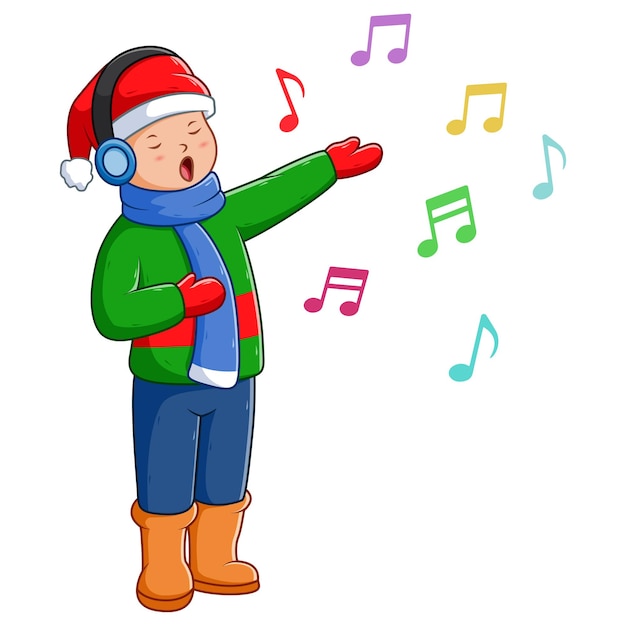 Vector young boy singing christmas carols. vector cartoon illustration