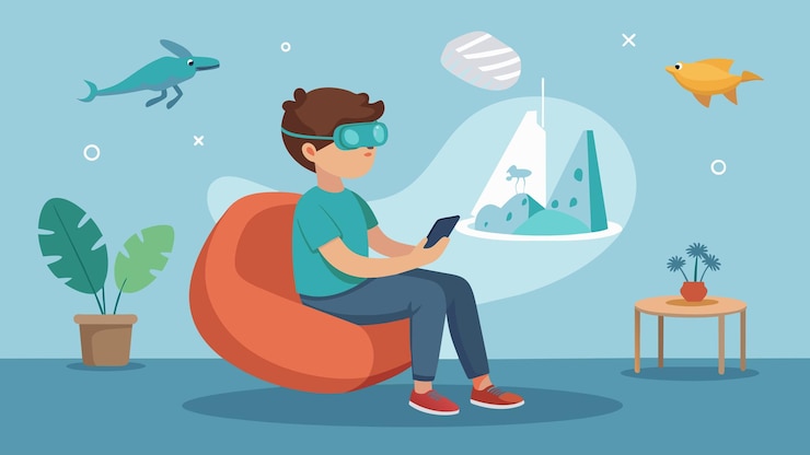 Vector a young boy sits on a bean bag chair eagerly exploring a virtual reality tour of a natural history