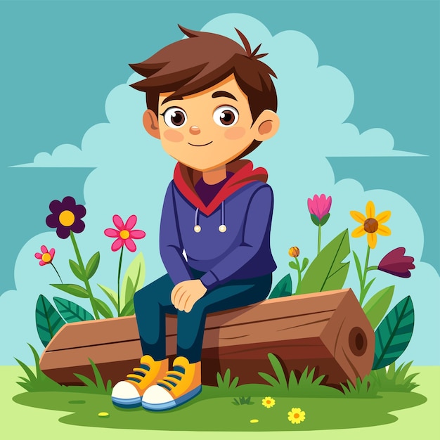 Вектор Молодой мальчик сидит один на деревянном пирсе, наслаждаясь миром. ручно нарисованный персонаж мультфильма.