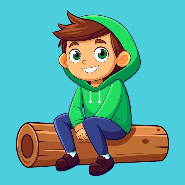 Young boy sitting alone on the wooden pier enjoying peace hand drawn mascot cartoon character