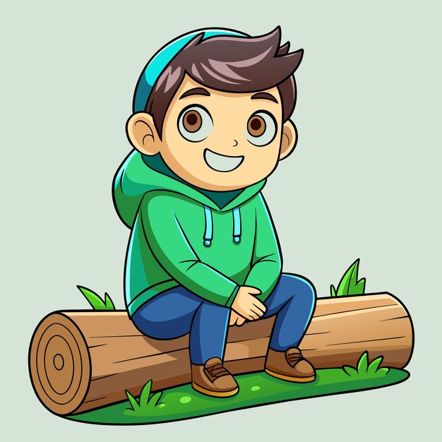 Young boy sitting alone on the wooden pier enjoying peace hand drawn mascot cartoon character