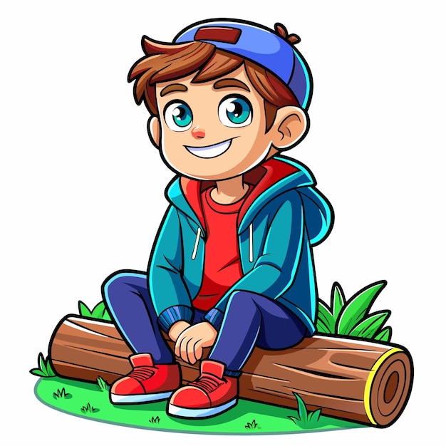 나무 기<unk>에 혼자 앉아 평화를 즐기는 어린 소년 손으로 그린 마스코트 만화 캐릭터