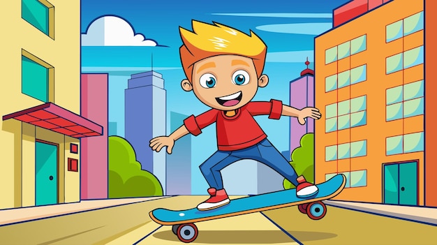 Vector young boy skateboarding down city street during daytime