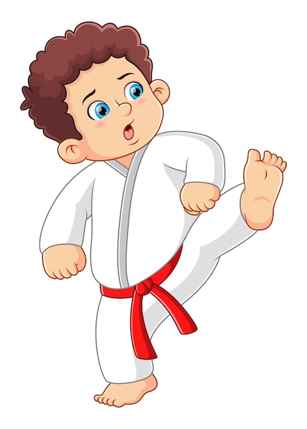 Giovane ragazzo che allena il karate in azione