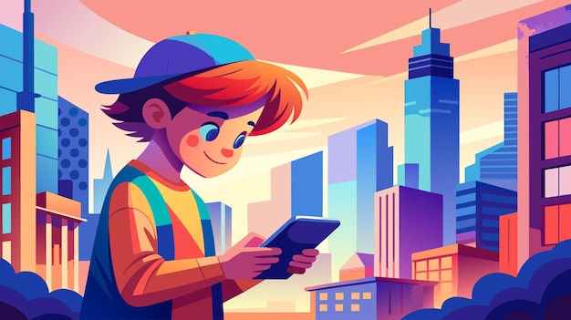 Young Boy Using Tablet in Urban Sunset Scene