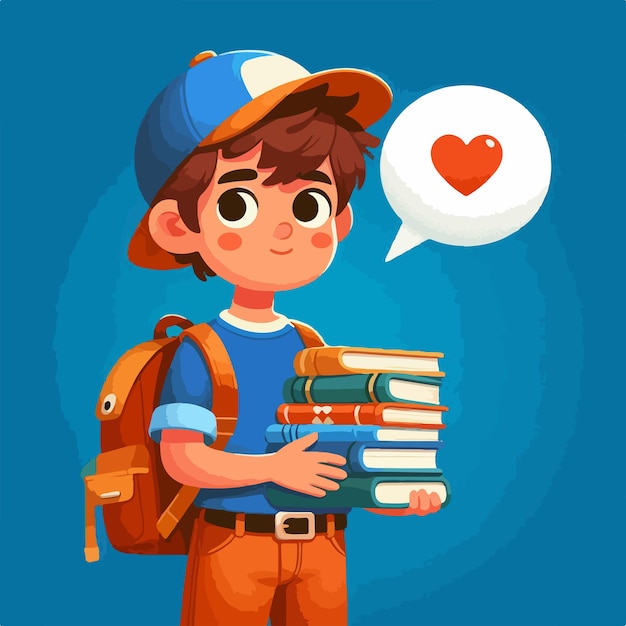 Young boy with backpack and books in his hand vector illustration